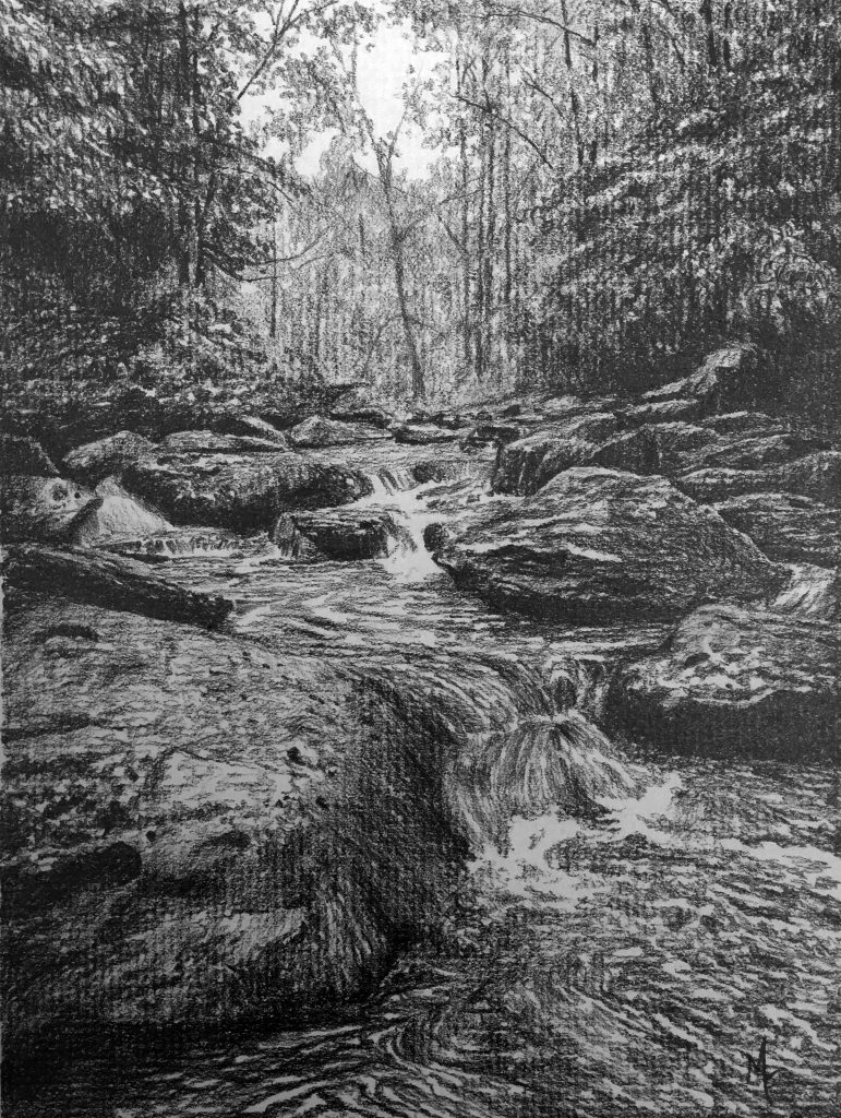 "Rocky Stream" Graphite on Charcoal Paper. 7" by 10"