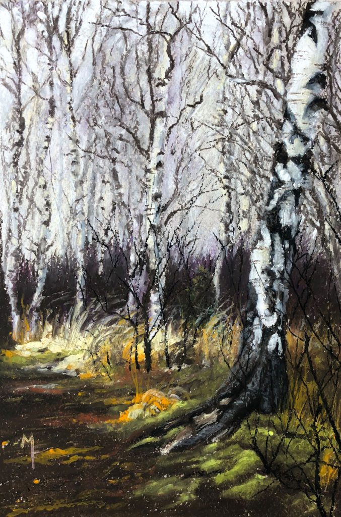 "Winter Birch Trees" Oil Pastel. 7" by 11"